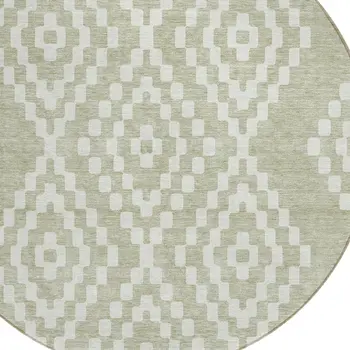 8' Artichoke Green And Ivory Round Geometric Washable Indoor Outdoor Area Rug