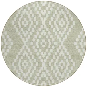 8' Artichoke Green And Ivory Round Geometric Washable Indoor Outdoor Area Rug