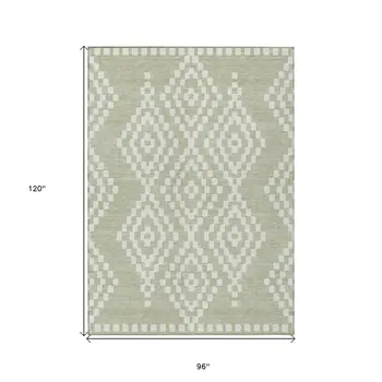 8' X 10' Artichoke Green And Ivory Geometric Washable Indoor Outdoor Area Rug