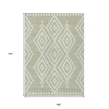 9' X 12' Artichoke Green And Ivory Geometric Washable Indoor Outdoor Area Rug