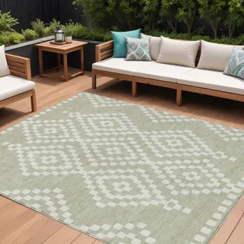 10' X 14' Artichoke Green And Ivory Geometric Washable Indoor Outdoor Area Rug