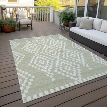 10' X 14' Artichoke Green And Ivory Geometric Washable Indoor Outdoor Area Rug