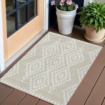 3' X 5' Beige And Ivory Geometric Washable Indoor Outdoor Area Rug