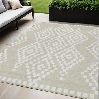 5' X 8' Beige And Ivory Geometric Washable Indoor Outdoor Area Rug