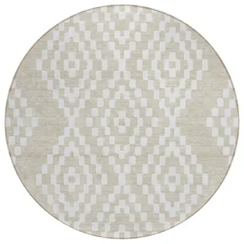 8' Beige And Ivory Round Geometric Washable Indoor Outdoor Area Rug