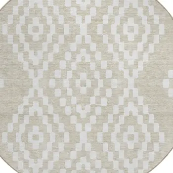 8' Beige And Ivory Round Geometric Washable Indoor Outdoor Area Rug