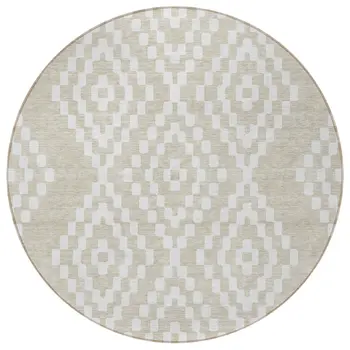 8' Beige And Ivory Round Geometric Washable Indoor Outdoor Area Rug