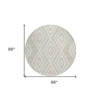 8' Beige And Ivory Round Geometric Washable Indoor Outdoor Area Rug