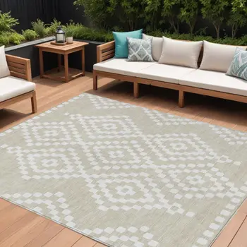 9' X 12' Beige And Ivory Geometric Washable Indoor Outdoor Area Rug