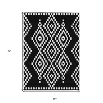 5' X 8' Black And Ivory Geometric Washable Indoor Outdoor Area Rug