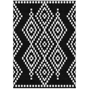5' X 8' Black And Ivory Geometric Washable Indoor Outdoor Area Rug