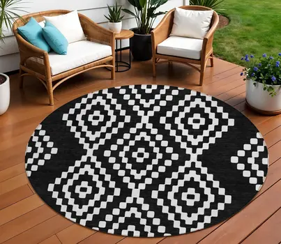 8' Black And Ivory Round Geometric Washable Indoor Outdoor Area Rug