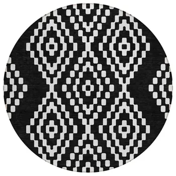 8' Black And Ivory Round Geometric Washable Indoor Outdoor Area Rug