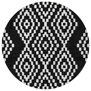 8' Black And Ivory Round Geometric Washable Indoor Outdoor Area Rug