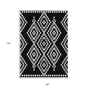 9' X 12' Black And Ivory Geometric Washable Indoor Outdoor Area Rug