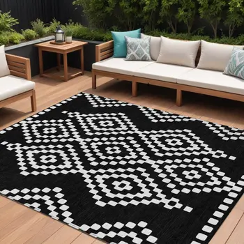 10' X 14' Black And Ivory Geometric Washable Indoor Outdoor Area Rug