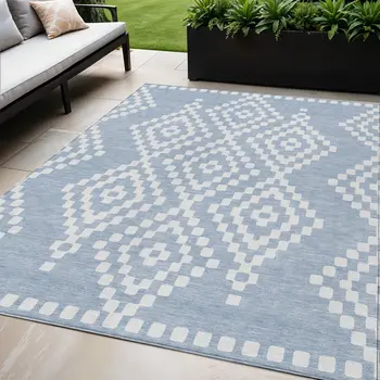 5' X 8' Denim Blue And Ivory Geometric Washable Indoor Outdoor Area Rug