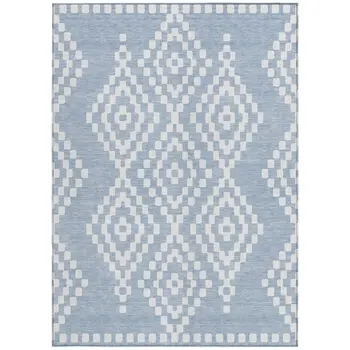 5' X 8' Denim Blue And Ivory Geometric Washable Indoor Outdoor Area Rug