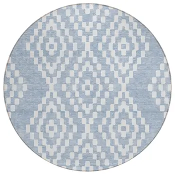 8' Denim Blue And Ivory Round Geometric Washable Indoor Outdoor Area Rug