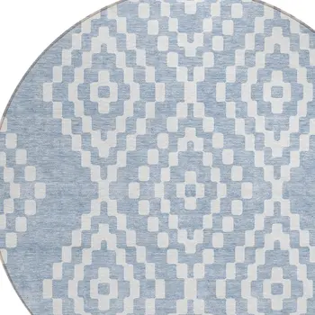 8' Denim Blue And Ivory Round Geometric Washable Indoor Outdoor Area Rug