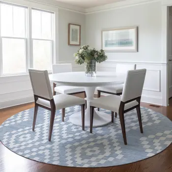 8' Denim Blue And Ivory Round Geometric Washable Indoor Outdoor Area Rug