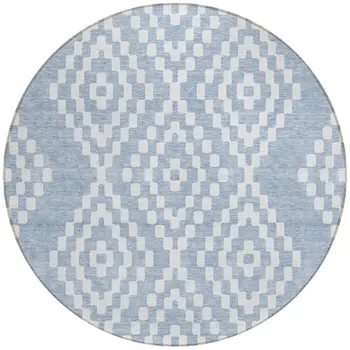 8' Denim Blue And Ivory Round Geometric Washable Indoor Outdoor Area Rug