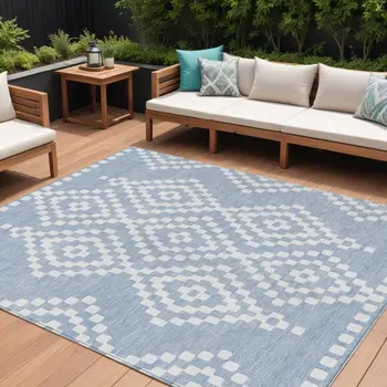 8' X 10' Denim Blue And Ivory Geometric Washable Indoor Outdoor Area Rug