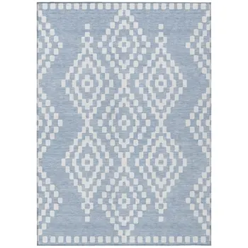 8' X 10' Denim Blue And Ivory Geometric Washable Indoor Outdoor Area Rug
