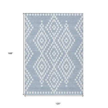 10' X 14' Denim Blue And Ivory Geometric Washable Indoor Outdoor Area Rug