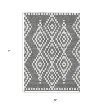 3' X 5' Gray And Ivory Geometric Washable Indoor Outdoor Area Rug