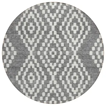 8' Gray And Ivory Round Geometric Washable Indoor Outdoor Area Rug