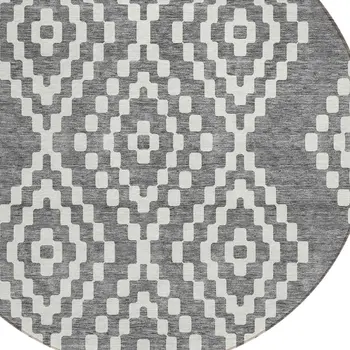 8' Gray And Ivory Round Geometric Washable Indoor Outdoor Area Rug