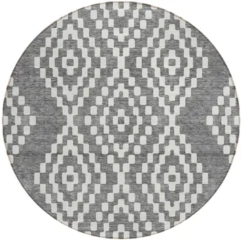8' Gray And Ivory Round Geometric Washable Indoor Outdoor Area Rug