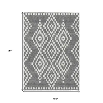 9' X 12' Gray And Ivory Geometric Washable Indoor Outdoor Area Rug