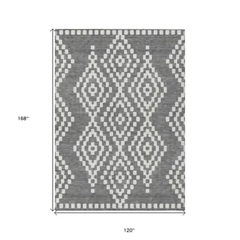 10' X 14' Gray And Ivory Geometric Washable Indoor Outdoor Area Rug