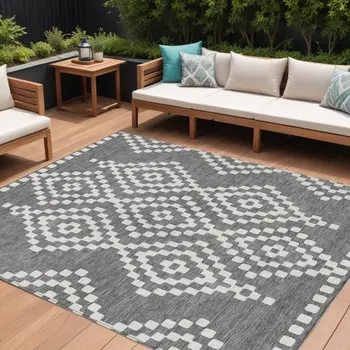 10' X 14' Gray And Ivory Geometric Washable Indoor Outdoor Area Rug