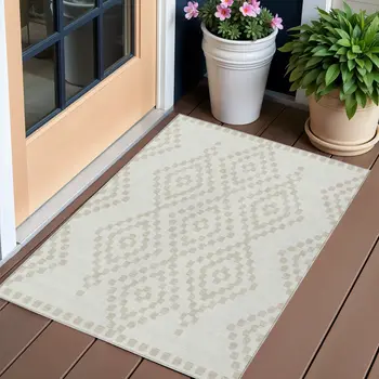 3' X 5' Ivory And Beige Geometric Washable Indoor Outdoor Area Rug