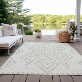 3' X 5' Ivory And Beige Geometric Washable Indoor Outdoor Area Rug