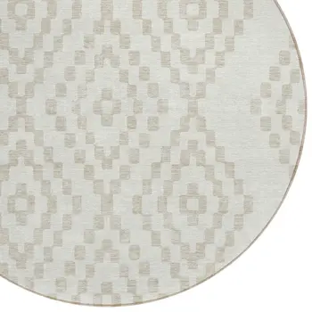 8' Ivory And Beige Round Geometric Washable Indoor Outdoor Area Rug