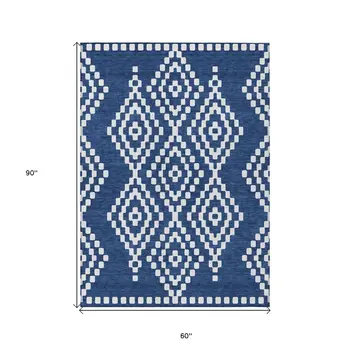5' X 8' Navy Blue And Ivory Geometric Washable Indoor Outdoor Area Rug