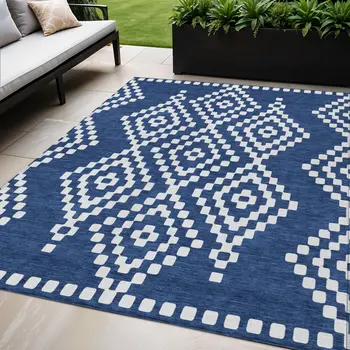 5' X 8' Navy Blue And Ivory Geometric Washable Indoor Outdoor Area Rug