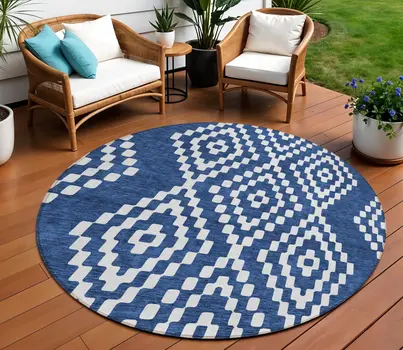 8' Navy Blue And Ivory Round Geometric Washable Indoor Outdoor Area Rug