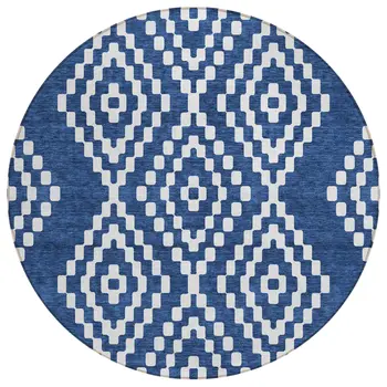 8' Navy Blue And Ivory Round Geometric Washable Indoor Outdoor Area Rug