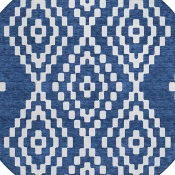 8' Navy Blue And Ivory Round Geometric Washable Indoor Outdoor Area Rug
