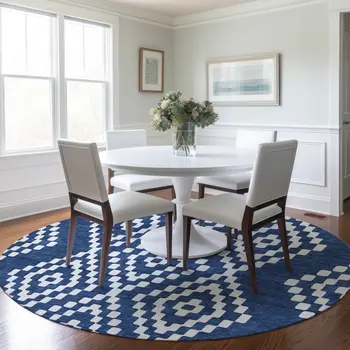 8' Navy Blue And Ivory Round Geometric Washable Indoor Outdoor Area Rug