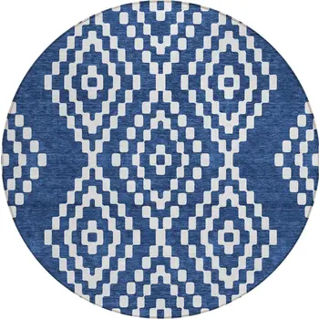 8' Navy Blue And Ivory Round Geometric Washable Indoor Outdoor Area Rug