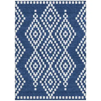 8' X 10' Navy Blue And Ivory Geometric Washable Indoor Outdoor Area Rug