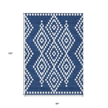8' X 10' Navy Blue And Ivory Geometric Washable Indoor Outdoor Area Rug