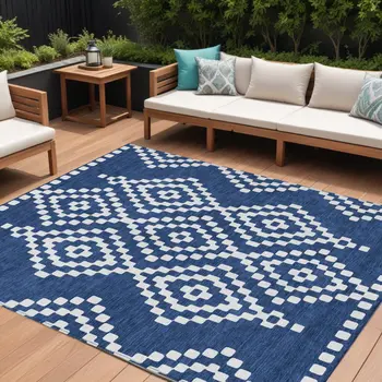 8' X 10' Navy Blue And Ivory Geometric Washable Indoor Outdoor Area Rug