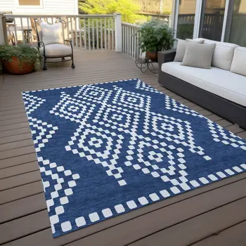 8' X 10' Navy Blue And Ivory Geometric Washable Indoor Outdoor Area Rug